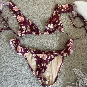 brown pink floral bikini